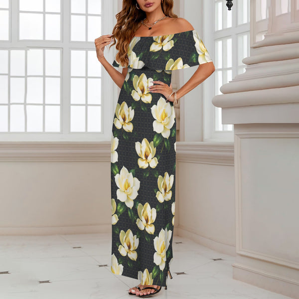 golden magnolia print 2A Women's Off Shoulder Ruffle Boat Neck Dress (Model D71)