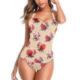 big rose print pink and red Women's Halter Neck Gather Chest Swimsuit (Model S52)