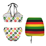red gold green black stripes print Drawstring Halterneck Three-Piece Swimsuit Skirt