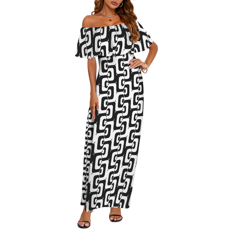 bw print Women's Off Shoulder Ruffle Boat Neck Dress (Model D71)