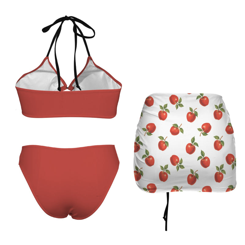apple solid print Drawstring Halterneck Three-Piece Swimsuit Skirt