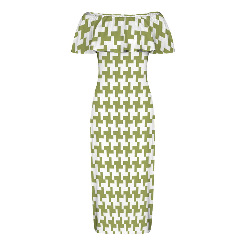 Houndstooth Women's Off Shoulder Ruffle Boat Neck Dress