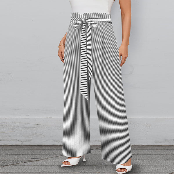 striped bw print 2 Strappy Elastic Waist Wide Leg Pants with Pockets