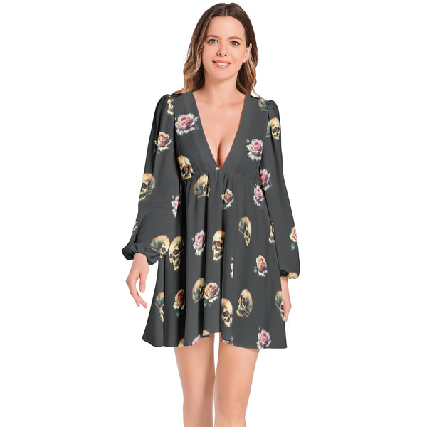 Lantern Sleeve Deep V-Neck Short Dress