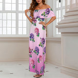 ombre white to pink rose print 2 Women's Off Shoulder Ruffle Boat Neck Dress (Model D71)