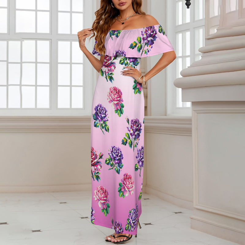 ombre white to pink rose print 2 Women's Off Shoulder Ruffle Boat Neck Dress (Model D71)