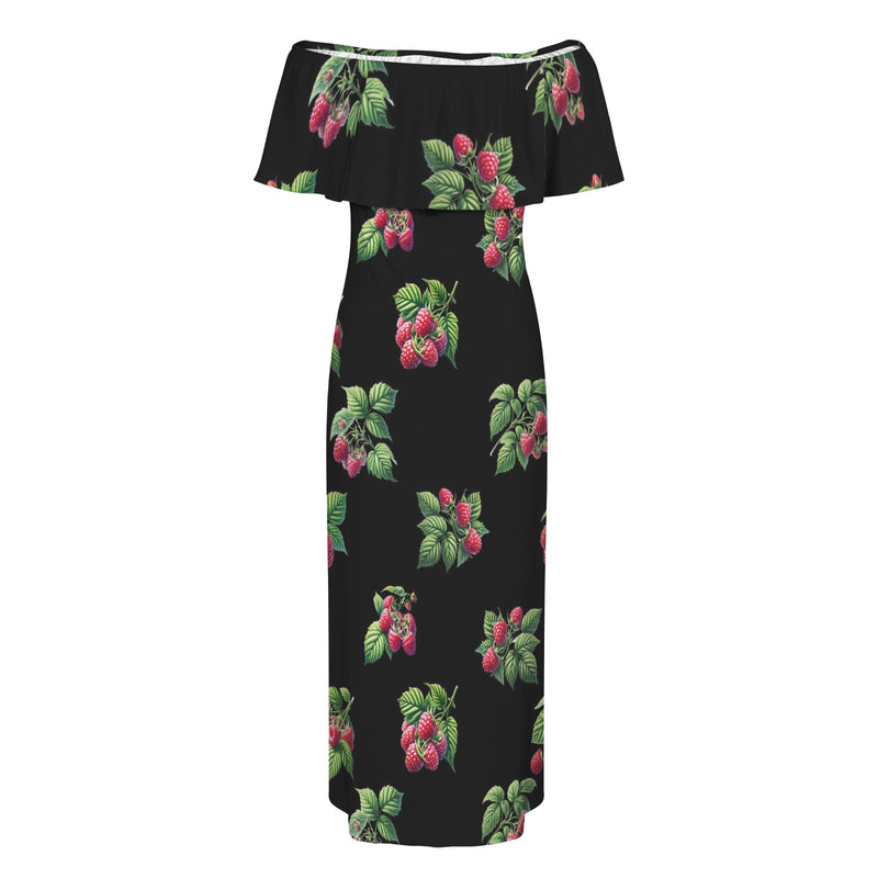 rasp on black print Women's Off Shoulder Ruffle Boat Neck Dress (Model D71)