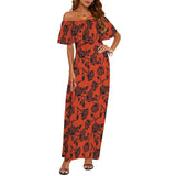 bevel black rose on rust print Women's Off Shoulder Ruffle Boat Neck Dress (Model D71)