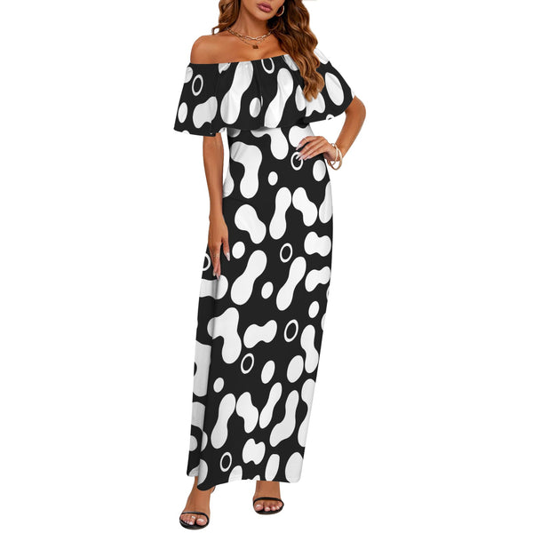 bw spot print 4E Women's Off Shoulder Ruffle Boat Neck Dress (Model D71)