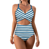 swimsuit striped print 2 Women's Twist Front Tie Back Swimsuit (Model S57)