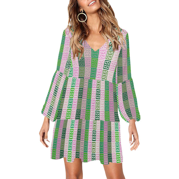 ALL GREEK PRINT V-Neck Loose Fit Dress (Model D62)