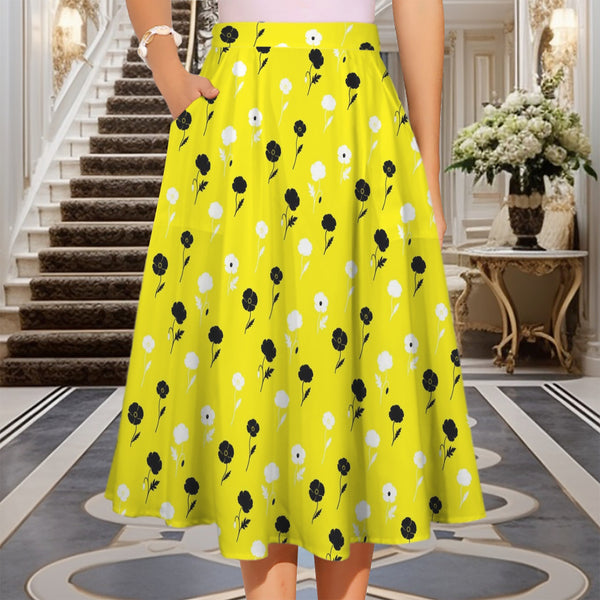 Lemon Poppy Elastic Waist Pocket Midi Skirt