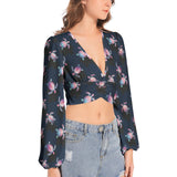 Women's Deep V-Neck Lantern Sleeve Crop Top