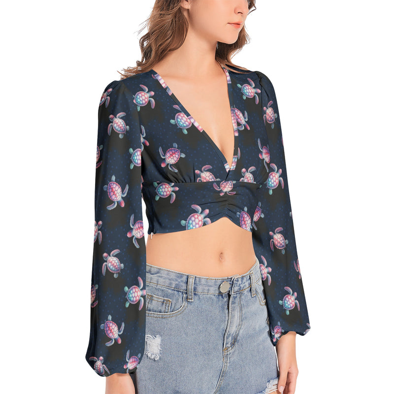 Women's Deep V-Neck Lantern Sleeve Crop Top