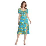 Puff Sleeve Split Thigh Midi Dress