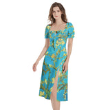Puff Sleeve Split Thigh Midi Dress