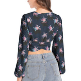 Women's Deep V-Neck Lantern Sleeve Crop Top