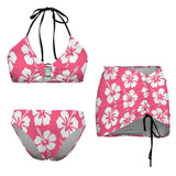 hibiscus salmon print 6D Drawstring Halterneck Three-Piece Swimsuit Skirt