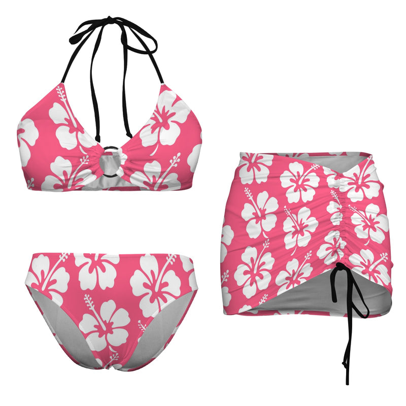 hibiscus salmon print 6D Drawstring Halterneck Three-Piece Swimsuit Skirt
