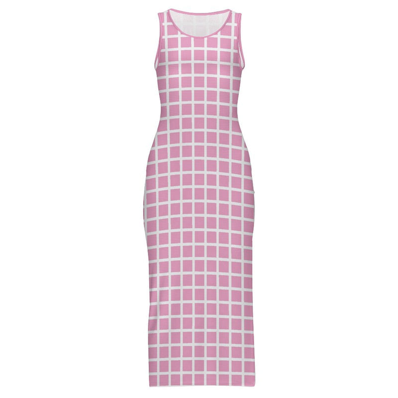 Window Pane Split cheongsam Sleeveless Bodycon Side Slit Long Dress