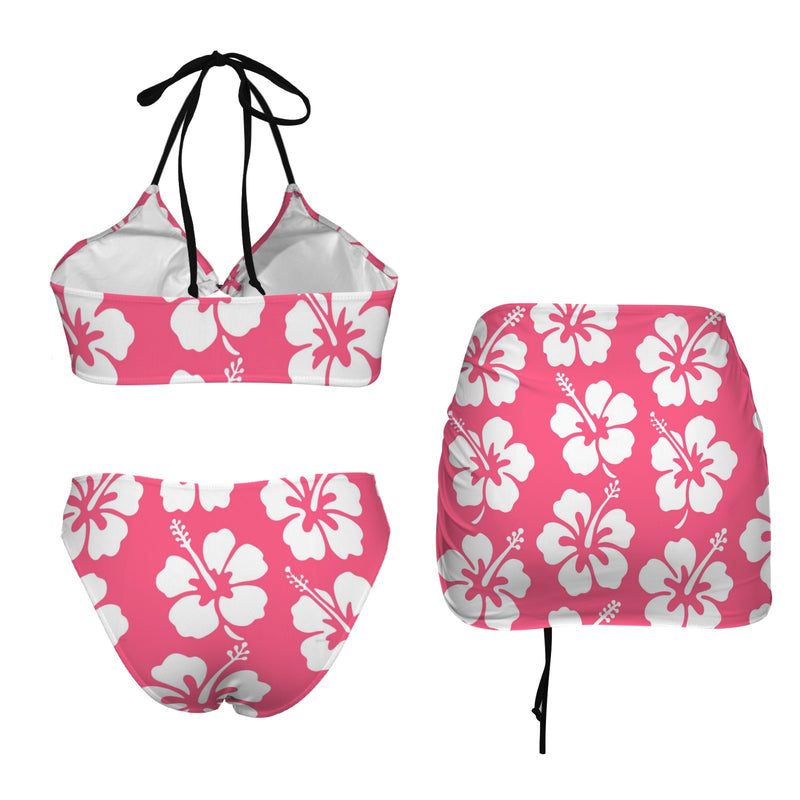hibiscus salmon print 6D Drawstring Halterneck Three-Piece Swimsuit Skirt