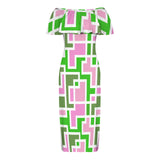 aka maze weave print Women's Off Shoulder Ruffle Boat Neck Dress (Model D71)