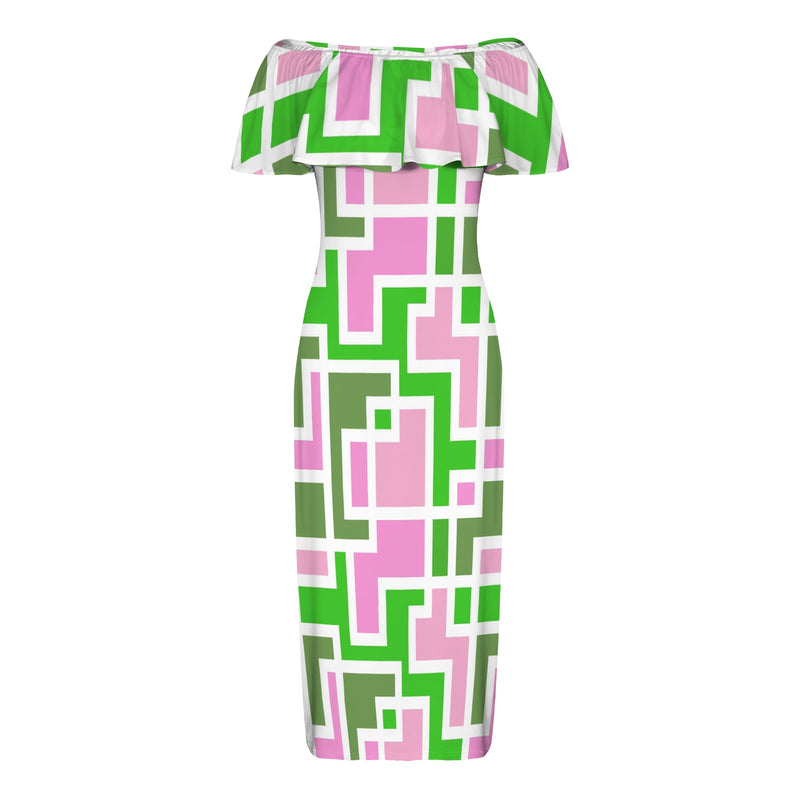 aka maze weave print Women's Off Shoulder Ruffle Boat Neck Dress (Model D71)