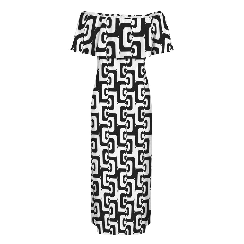 bw print Women's Off Shoulder Ruffle Boat Neck Dress (Model D71)