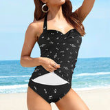 musical note blouse white on black Women's Halter Neck Gather Chest Swimsuit (Model S52)