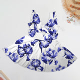 delft iris print 10B Women's Ruffle Sleeve Skirted Swimsuit (Model S59)