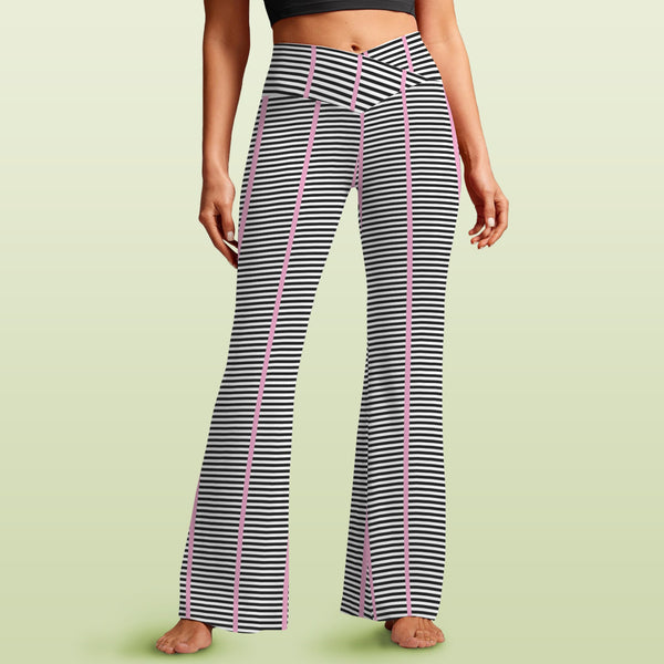 striped pink and black print High Waist Crossover Tummy Control Flare Leggings