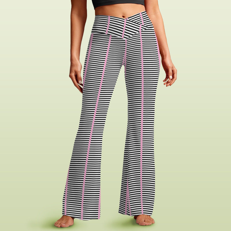 striped pink and black print High Waist Crossover Tummy Control Flare Leggings