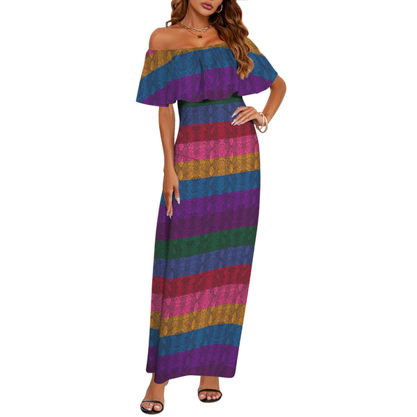 multicolored snakeskin Women's Off Shoulder Ruffle Boat Neck Dress (Model D71)