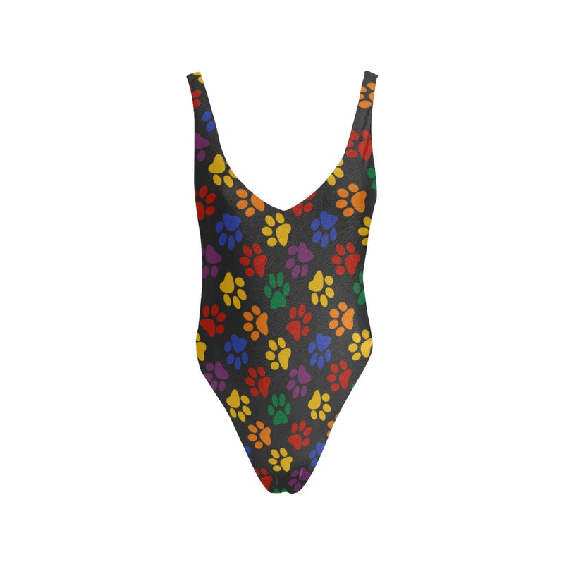 colorful paws print 2C Sexy Low Back One-Piece Swimsuit (Model S09)