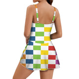 rect colored print 3A Women's One Piece Skirted Swimsuit (Model S54)