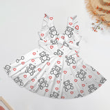 teddy bear and hearts print 2A Women's Ruffle Sleeve Skirted Swimsuit (Model S59)