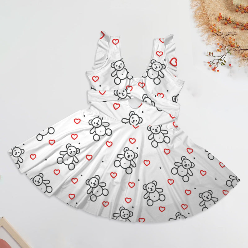 teddy bear and hearts print 2A Women's Ruffle Sleeve Skirted Swimsuit (Model S59)