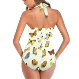 large butterfly print shadowed Women's Halter Neck Gather Chest Swimsuit (Model S52)