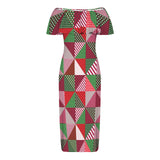 patchwork print xmas 4 Women's Off Shoulder Ruffle Boat Neck Dress (Model D71)