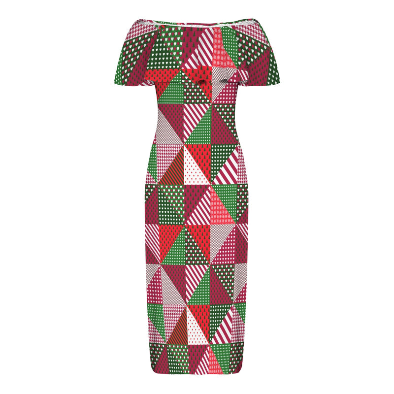 patchwork print xmas 4 Women's Off Shoulder Ruffle Boat Neck Dress (Model D71)