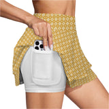 caramel print matrix High Waist Layered Ruffle Pockets Sports Skirt