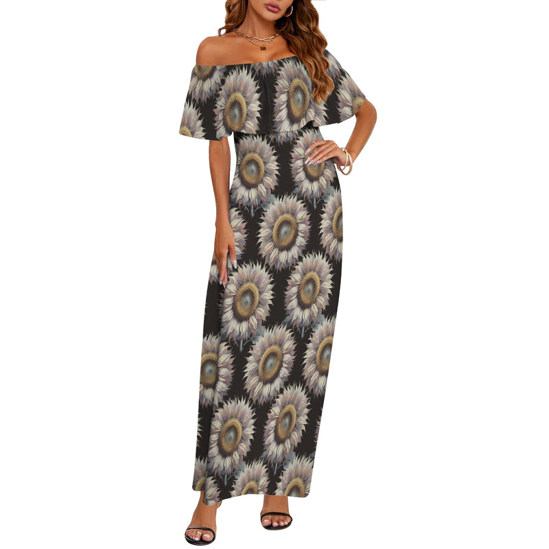 sunflower print 4B Women's Off Shoulder Ruffle Boat Neck Dress (Model D71)
