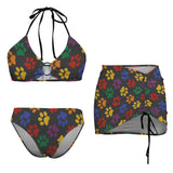 multi colored paw print skirt Drawstring Halterneck Three-Piece Swimsuit Skirt
