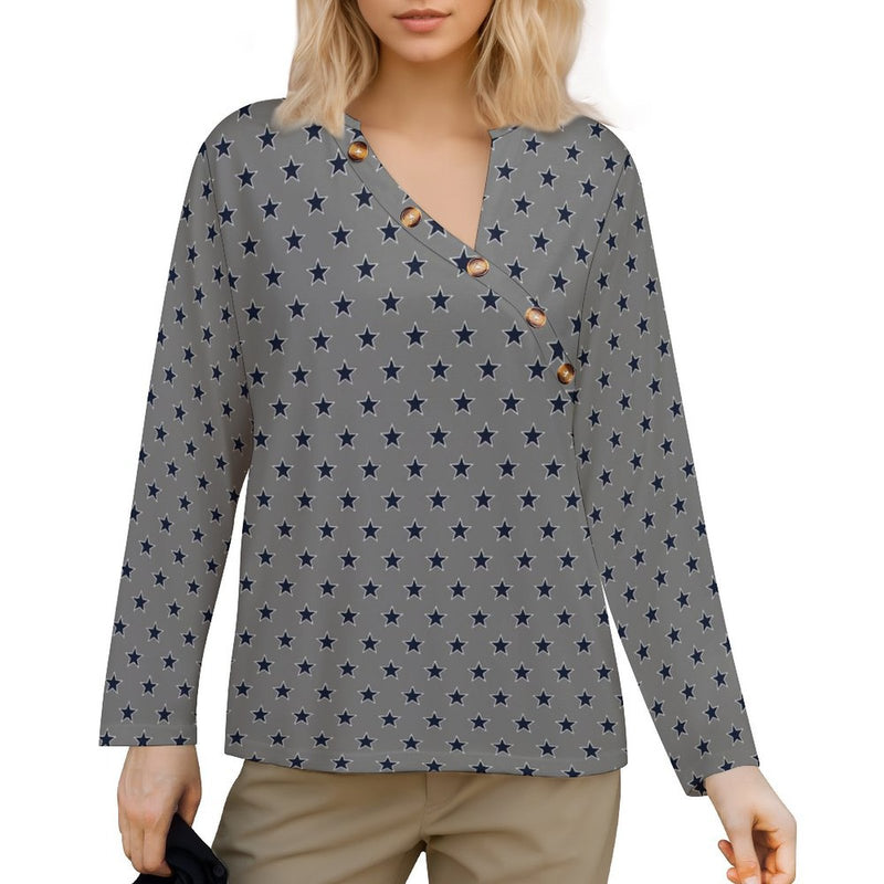 Women&#039;s Asymmetrical Neck Button-Up Shirt Long sleeved T-shirt