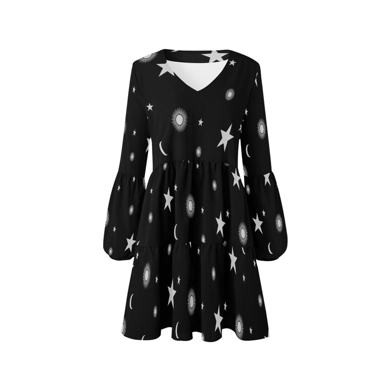 bw stars sun moon print V-Neck Loose Fit Dress (Model D62)
