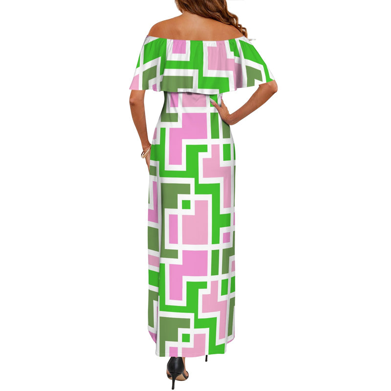 aka maze weave print Women's Off Shoulder Ruffle Boat Neck Dress (Model D71)