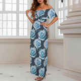 light blue print 10AB Women's Off Shoulder Ruffle Boat Neck Dress (Model D71)