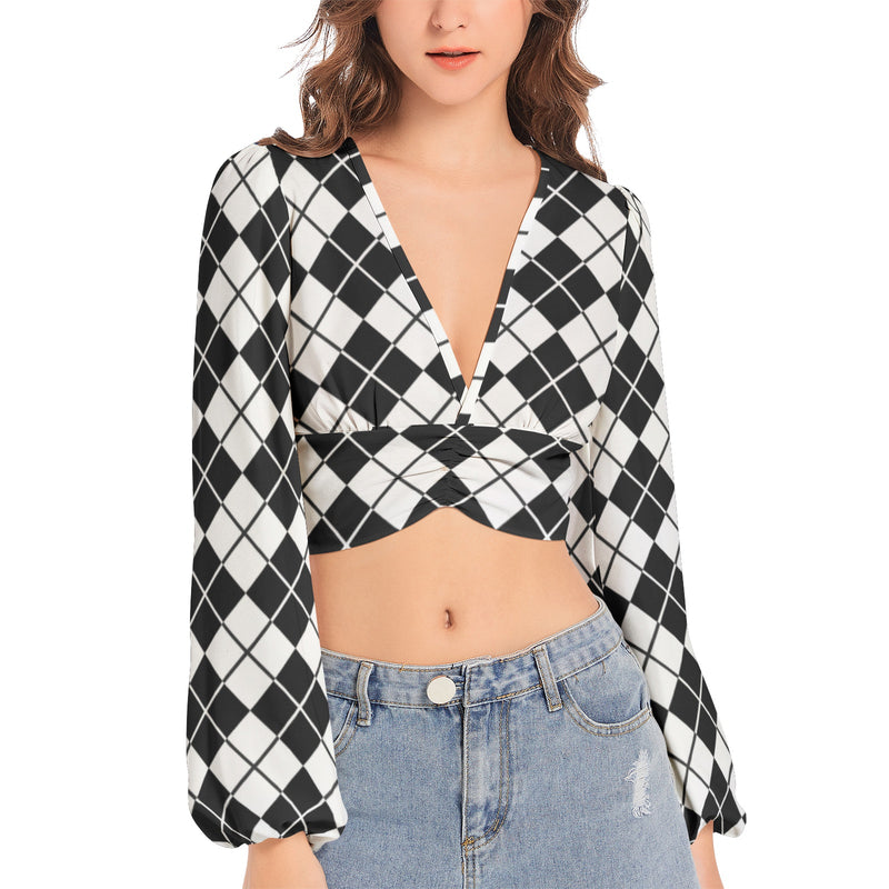 Women's Deep V-Neck Lantern Sleeve Crop Top