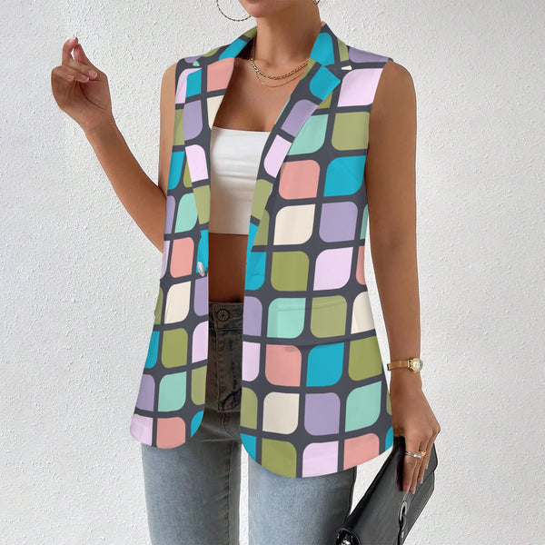 cut corner square print 3 Women's Sleeveless Blazer (Model H71)