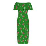 bright xmas candy cane print 5B Women's Off Shoulder Ruffle Boat Neck Dress (Model D71)